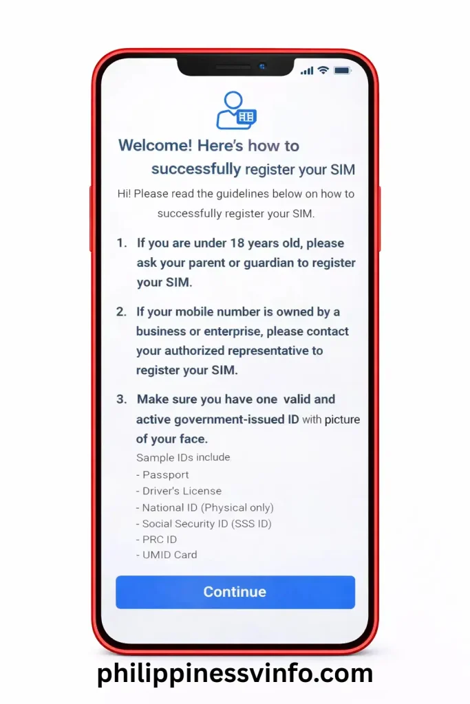 Before continuing, read the important registration reminders displayed on the screen.