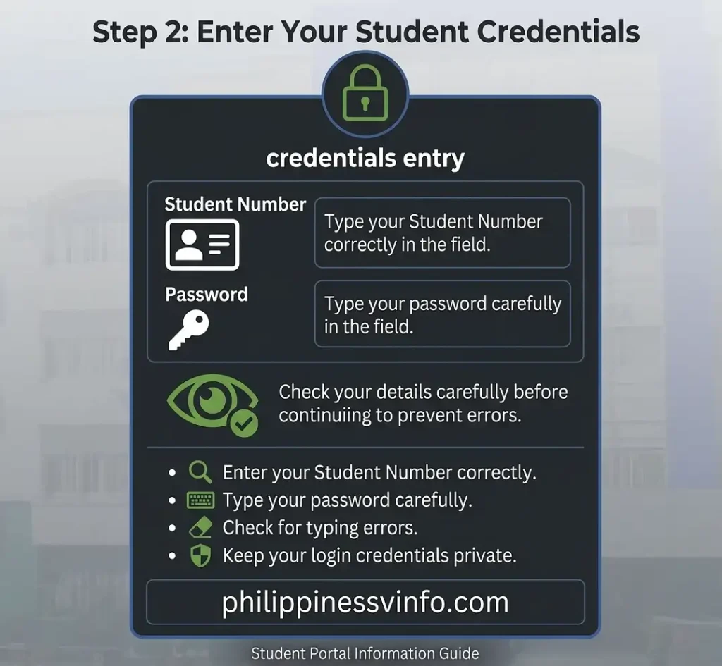 Type your Student Number and Password in the required fields. Check your details carefully before continuing.PLMun Student Portal