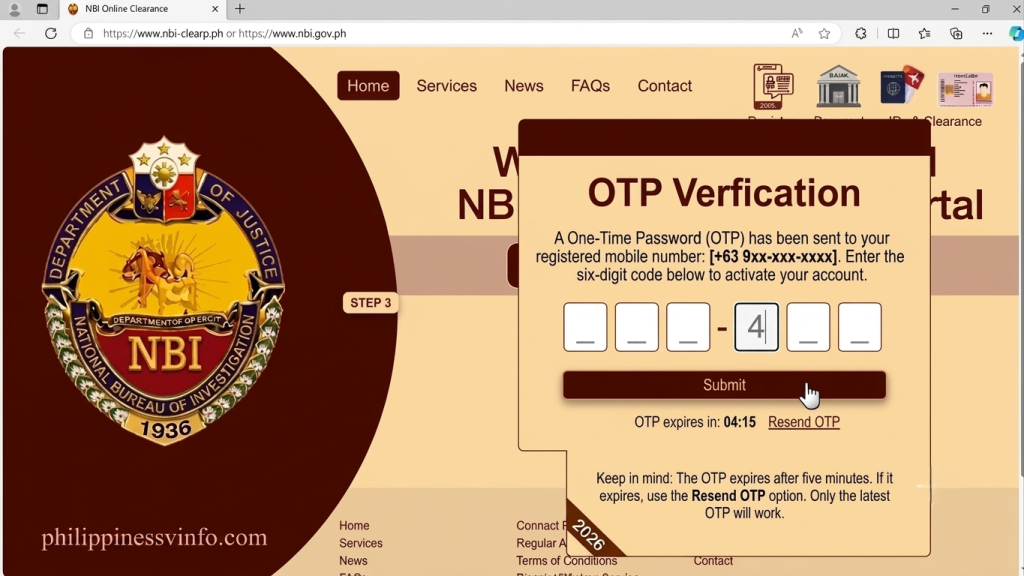 Once your registration form has been submitted, the system sends a One-Time Password (OTP) to the mobile number you registered. Enter the six-digit verification code into the OTP field to activate your account.