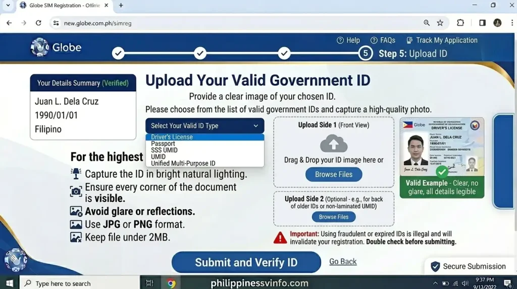 Step 5: Upload Your Valid Government ID
Next, upload a clear image of your chosen government-issued ID.
