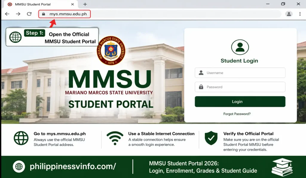 1. Open the Official MMSU Student Portal

Start by opening a reliable web browser on your phone, tablet, or computer. Use the official MMSU Student Portal address to make sure you are accessing the correct university website.

Go to mys.mmsu.edu.ph.

Use a stable internet connection for a smoother login.

Check that you are on the official Student Portal MMSU before entering your credentials.