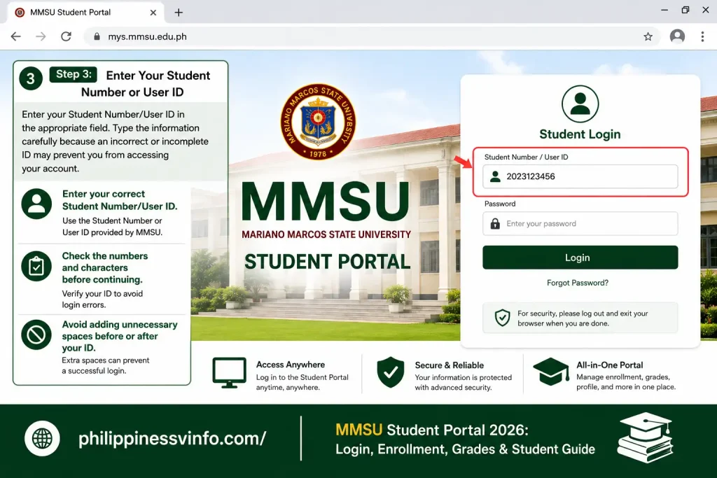 3. Enter Your Student Number or User ID

Enter your Student Number/User ID in the appropriate field. Type the information carefully because an incorrect or incomplete ID may prevent you from accessing your account.

Enter your correct Student Number/User ID.

Check the numbers and characters before continuing.

Avoid adding unnecessary spaces before or after your ID.