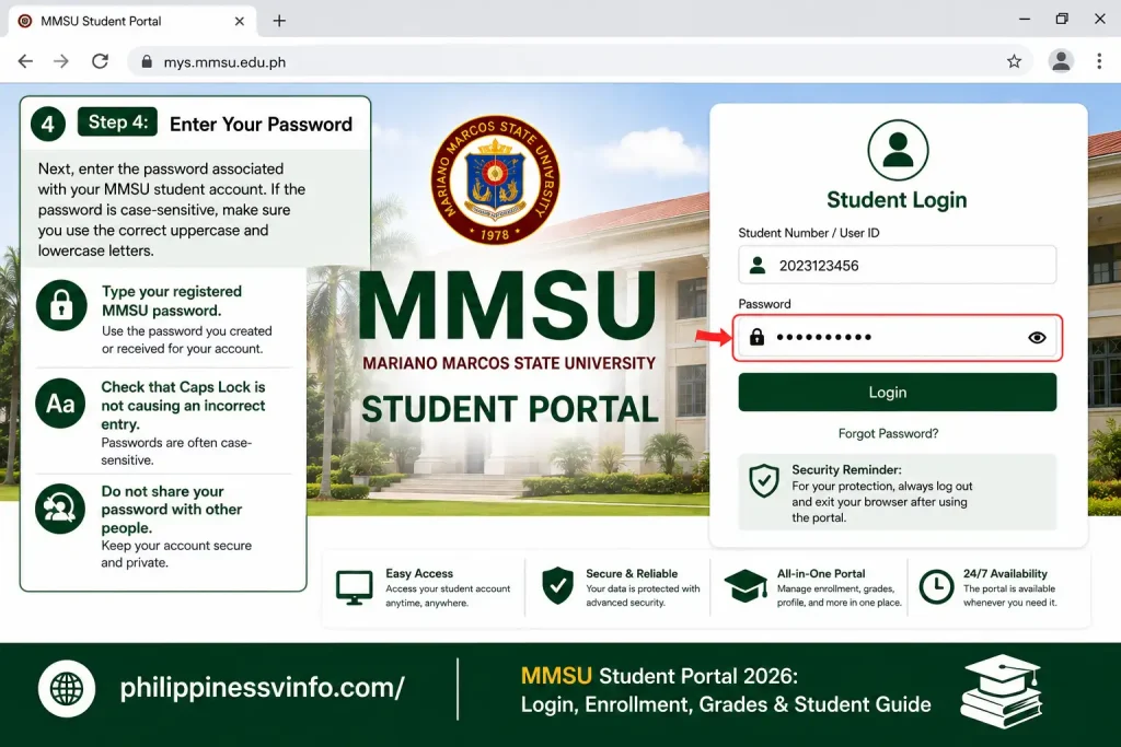 4. Enter Your Password

Next, enter the password associated with your MMSU student account. If the password is case-sensitive, make sure you use the correct uppercase and lowercase letters.