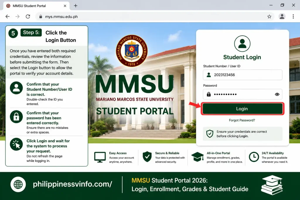 5. Click the Login Button

Once you have entered both required credentials, review the information before submitting the form. Then select the Login button to allow the portal to verify your account details.