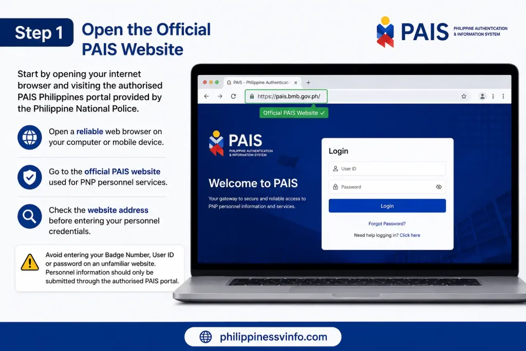 Step 1: Open the Official PAIS Website
Start by opening your internet browser and visiting the authorised PAIS Philippines portal provided by the Philippine National Police.