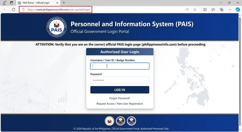 Step 2: Locate the PAIS Login Page
Once the portal loads, find the login area. The current layout may change over time, so the position and appearance of individual fields may not always look exactly the same.
Look for the Username, User ID or Badge Number field.
Find the corresponding Password field.
Check that you are on the correct PAIS login page before continuing.