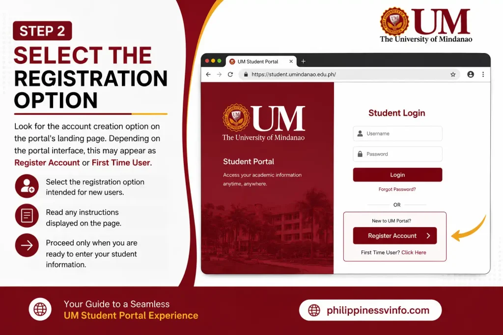 Step 2: Select the Registration Option

Look for the account creation option on the portal's landing page. Depending on the portal interface, this may appear as Register Account or First Time User.