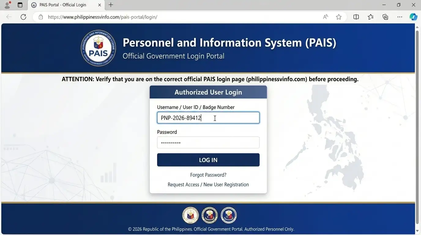 Step 3: Enter Your User ID or Badge Number
Enter the identification information connected with your PAIS account.
Type your registered Username, User ID or PNP Badge Number, as applicable.
Make sure numbers and letters are entered correctly.
Check for accidental spaces or typing errors.