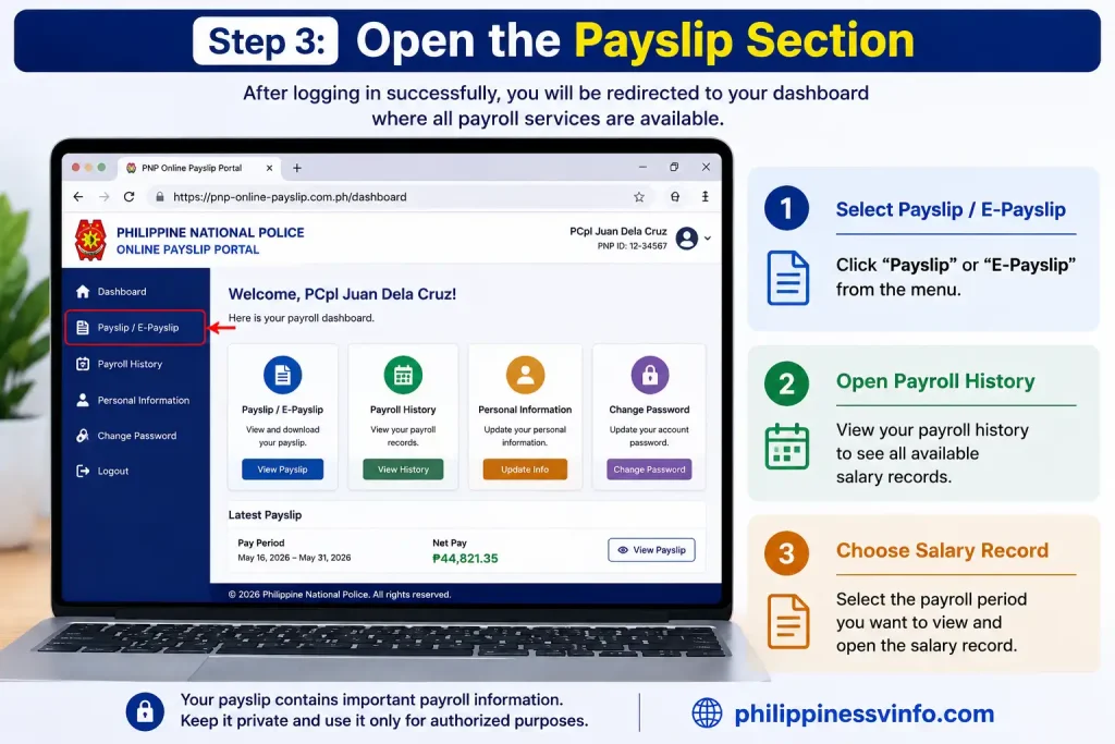 Step 3: Open the Payslip Section
After logging in successfully, you will be redirected to your dashboard where all payroll services are available.
Select Payslip or E-Payslip.
Open your payroll history.
Choose the salary record you want to view.