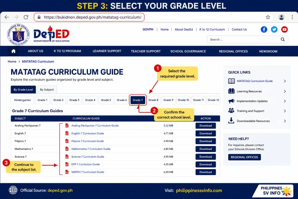 Choose the appropriate grade level for the curriculum guide you want to download. Selecting the correct grade ensures you access the right learning competencies and standards.