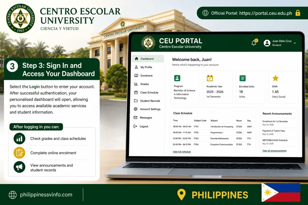 Select the Login button to enter your account. After successful authentication, your personalised dashboard will open, allowing you to access available academic services and student information.