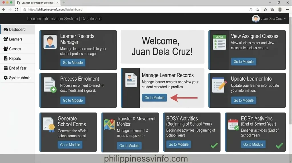 After successful authentication, your Portal Dashboard will open. From here, you can manage various learner-related and school administrative functions. LIS