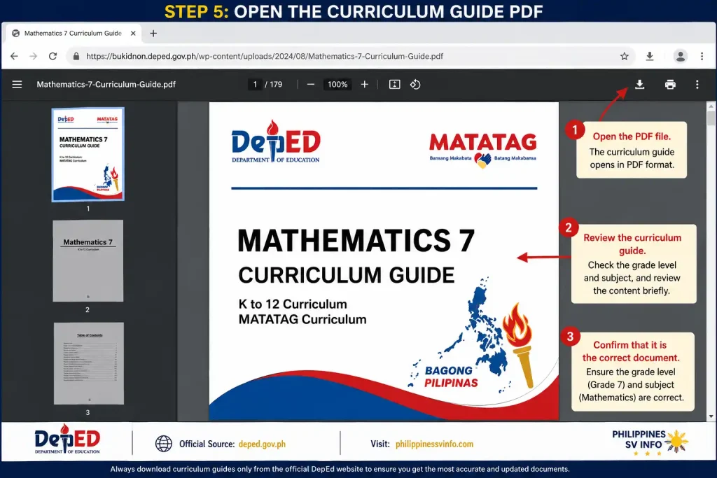 The selected curriculum guide will open in PDF format. Review the document briefly to ensure it matches the correct grade level and subject before downloading.