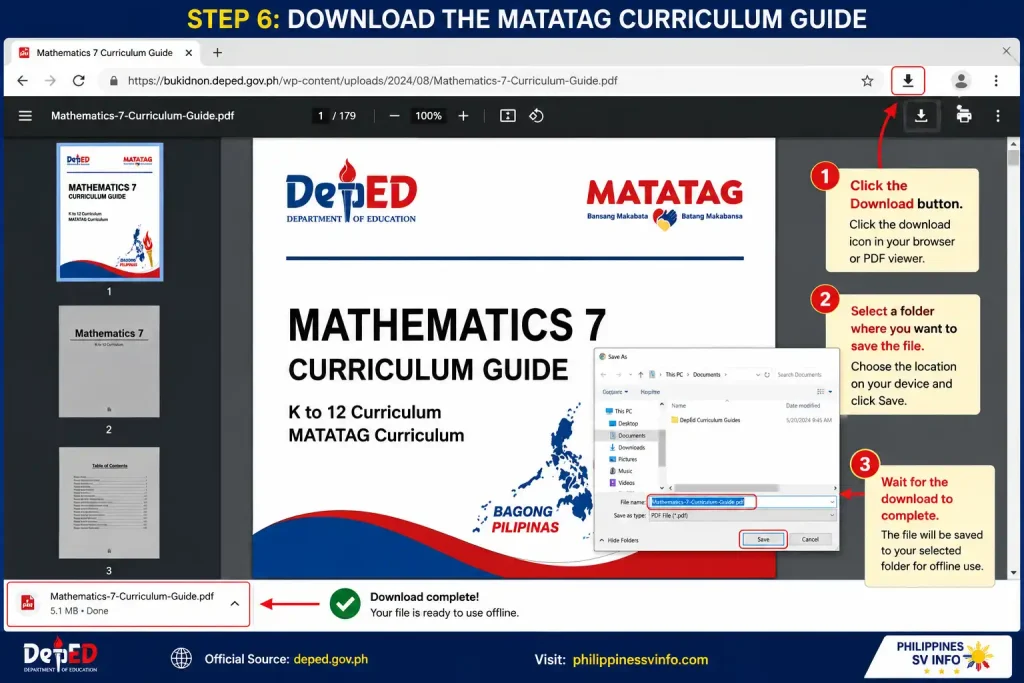 The selected curriculum guide will open in PDF format. Review the document briefly to ensure it matches the correct grade level and subject before downloading.