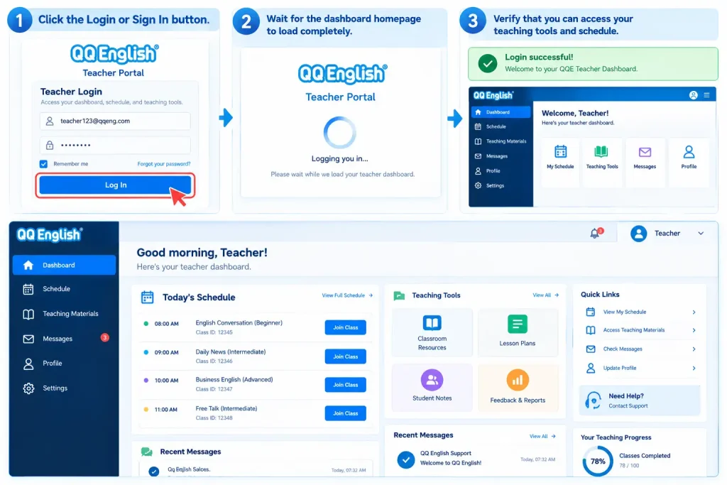 Once your credentials have been entered correctly, you can sign in to access the QQE Dashboard. Successful login will redirect you to your personal teacher workspace.