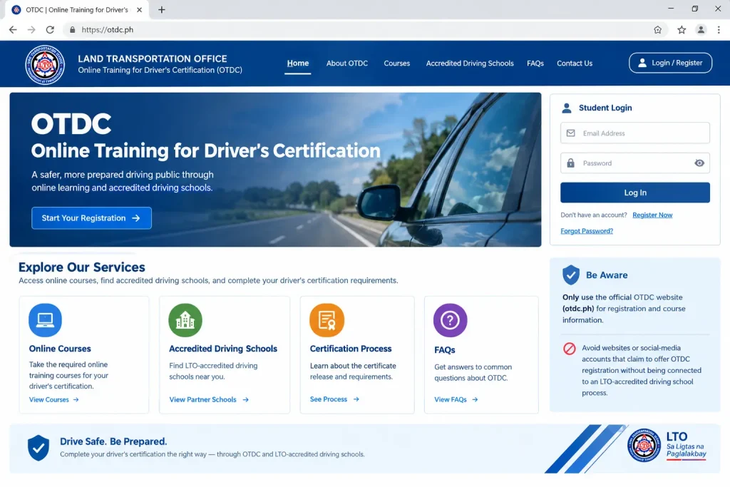 Step 1: Visit the Official OTDC Website

Start by opening the official OTDC platform:

OTDC.PH Official Website

Use the official website when checking course information and registration instructions. Avoid websites or social-media accounts that claim to offer OTDC registration without confirming that they are connected with an appropriate LTO-accredited driving-school process.

Once on the website, review the available course information and follow the registration or enrolment instructions provided.