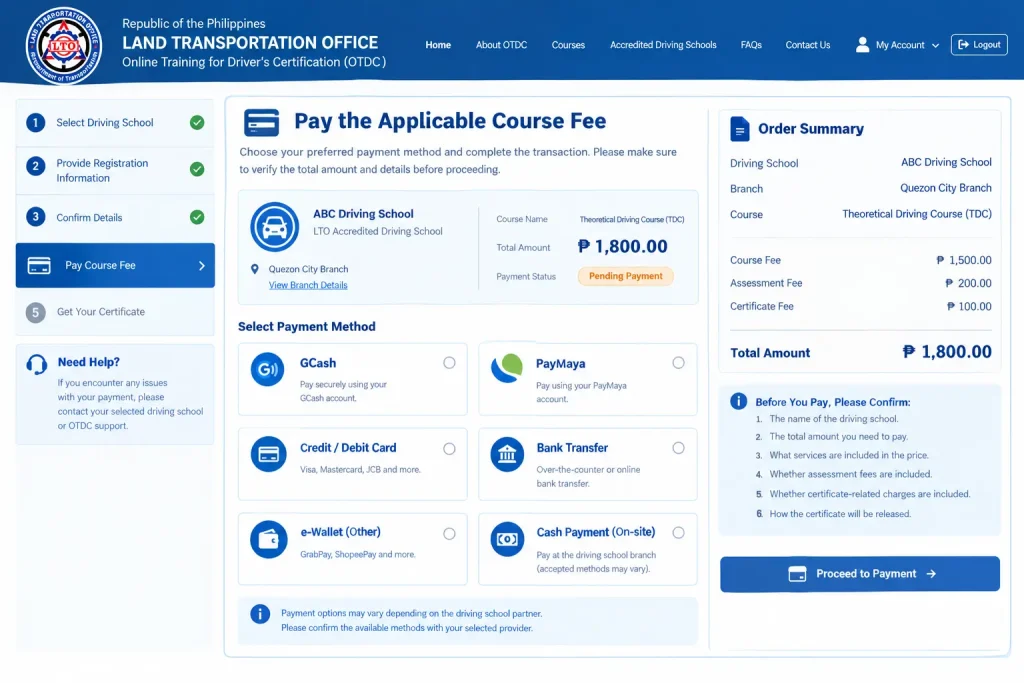 Step 4: Pay the Applicable Course Fee

The OTDC platform supports available online and offline payment methods, although the specific options may depend on the driving-school partner you select.

Before making a payment, confirm:

The name of the driving school.

The total amount you need to pay.

What services are included in the price.

Whether assessment fees are included.

Whether certificate-related charges are included.

How the certificate will be released.